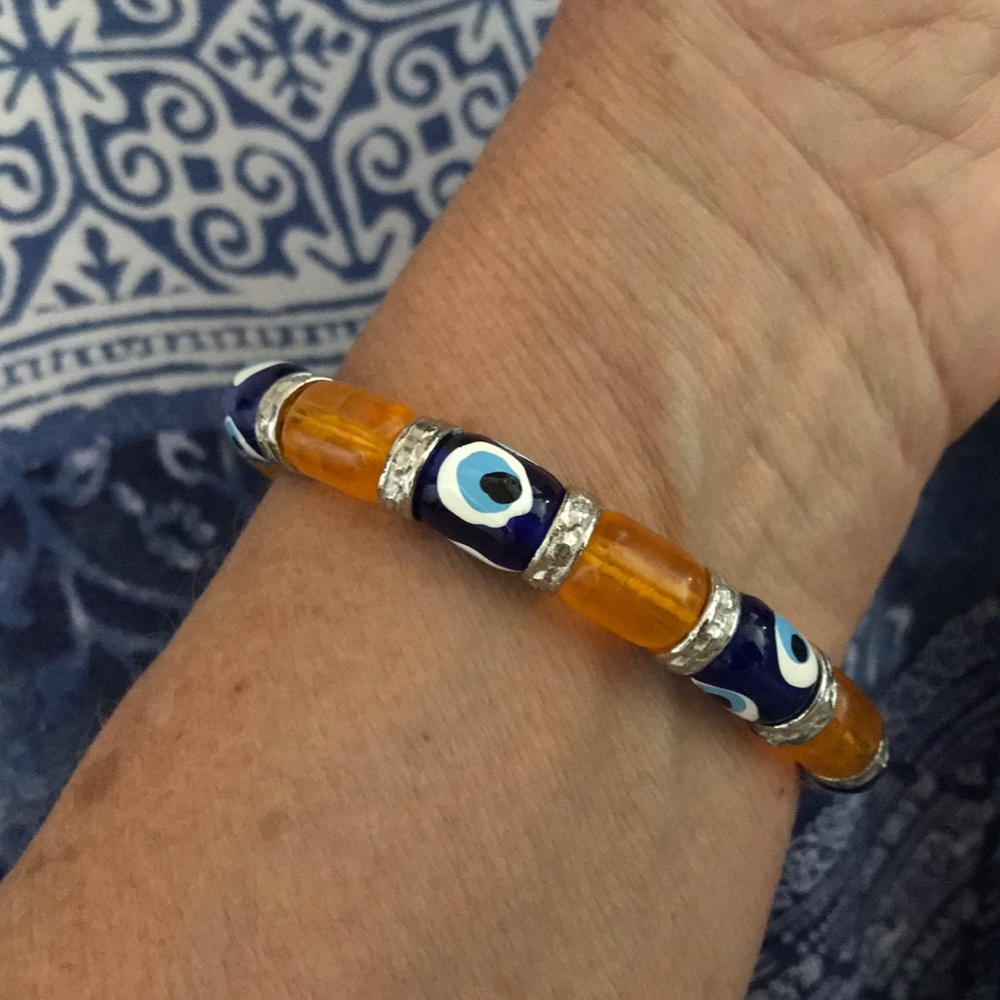 Amber and Evil Eye Beaded Protection Bracelet